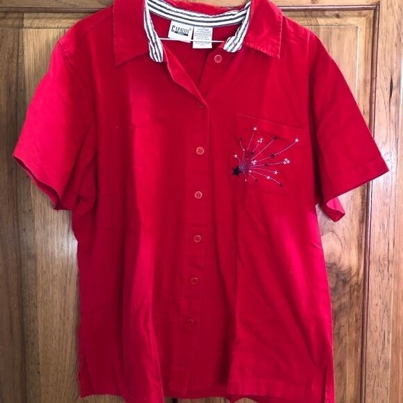 Plus size red firework button down collared shirt - Picture 1 of 3